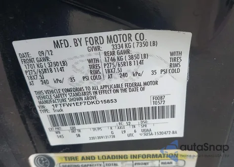 2013 Ford F-150 Fx4 z USA, uszkodzony, nr VIN 1FTFW1EF7DKD15853